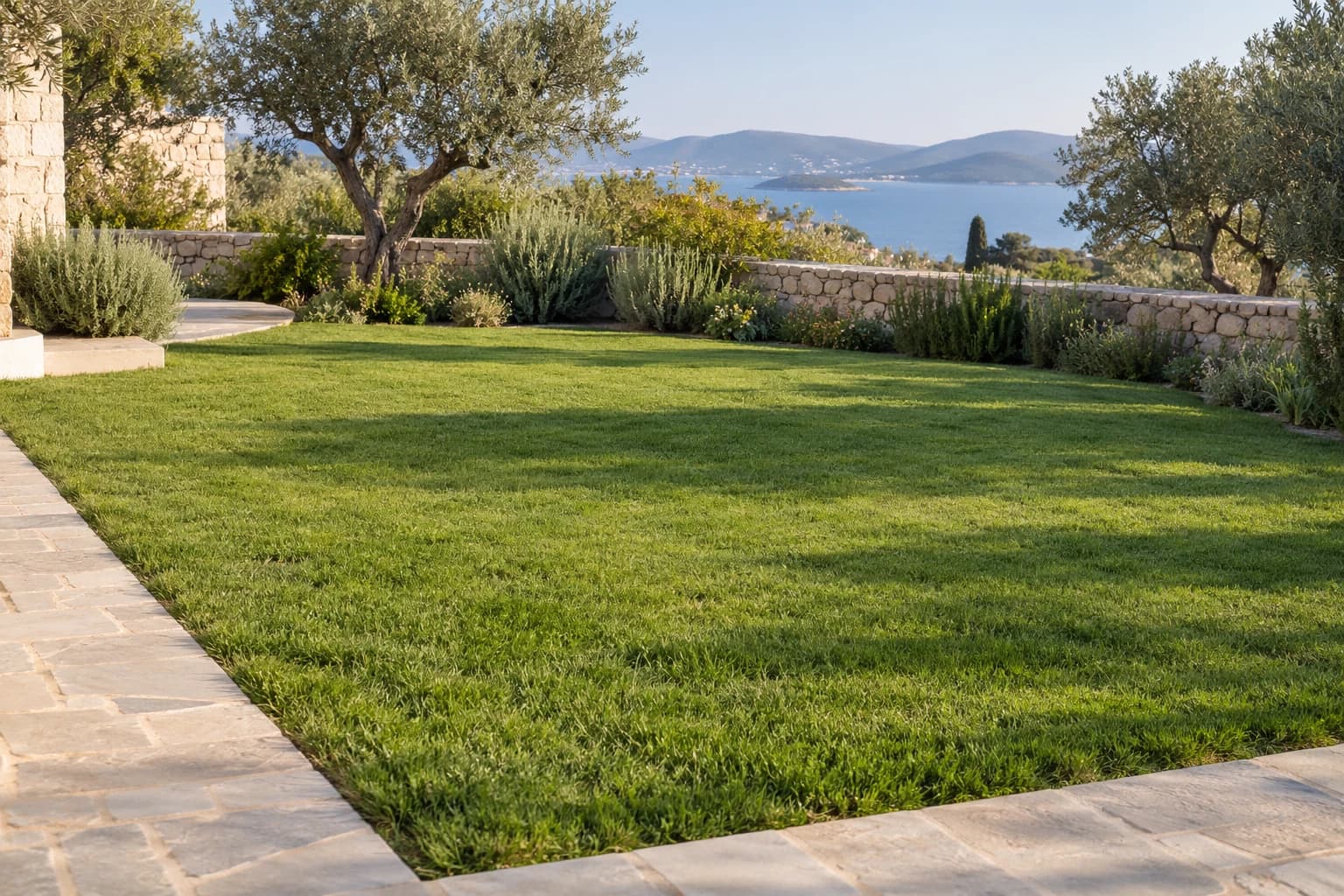 Zeytin ağacı, doğal taş yol ve Akdeniz bitkileriyle çevrili ölçülü çim kullanım alanı